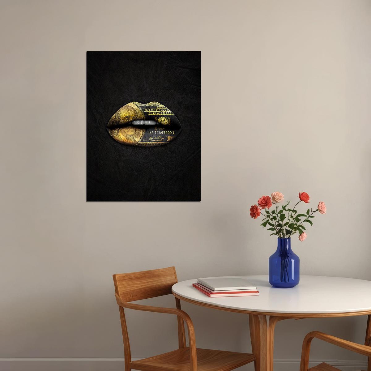 Gold Money Lips Art Poster Black and Gold Wall Decor Bold Artistic Design Modern Pop Art Style Wall Print - xonomax