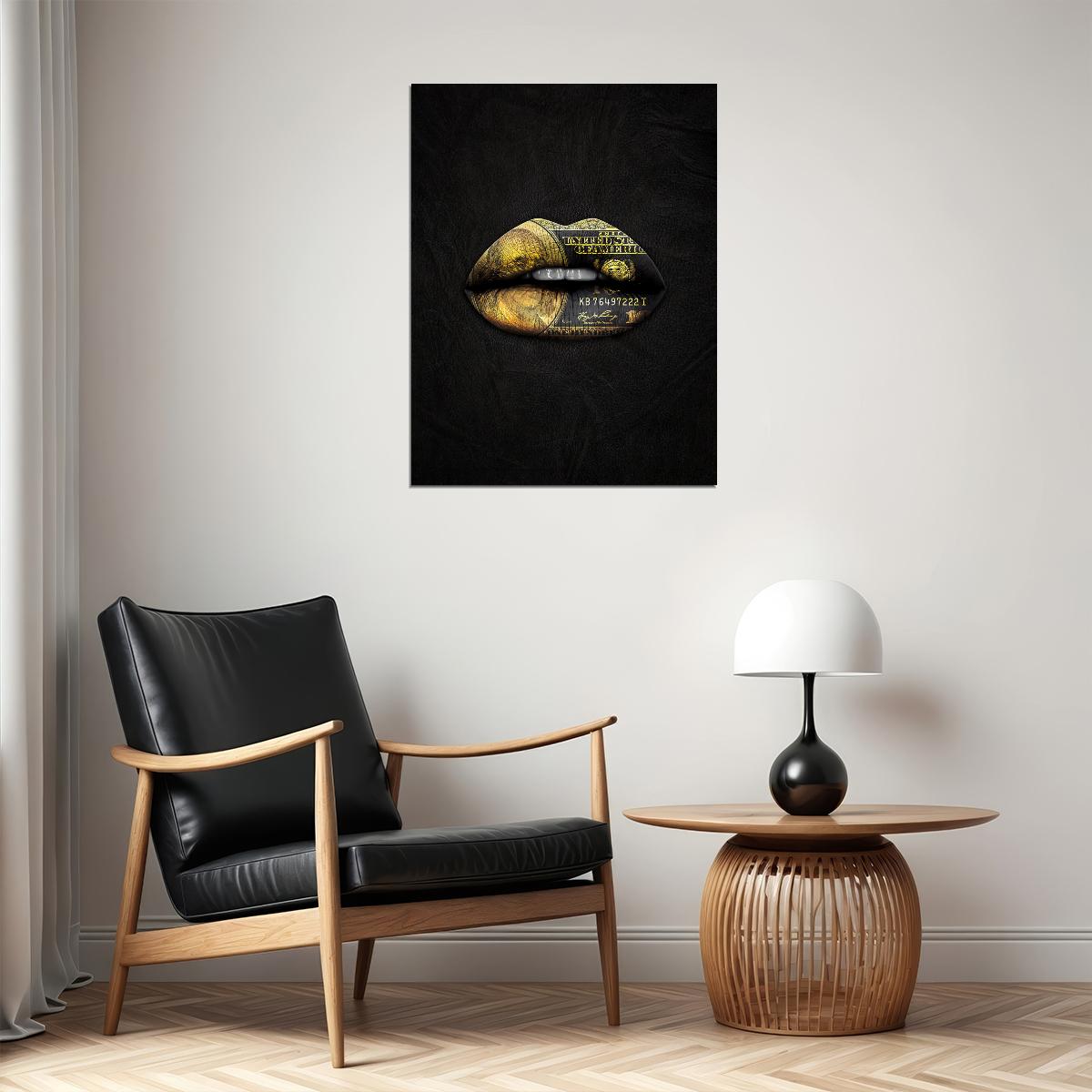 Gold Money Lips Art Poster Black and Gold Wall Decor Bold Artistic Design Modern Pop Art Style Wall Print - xonomax
