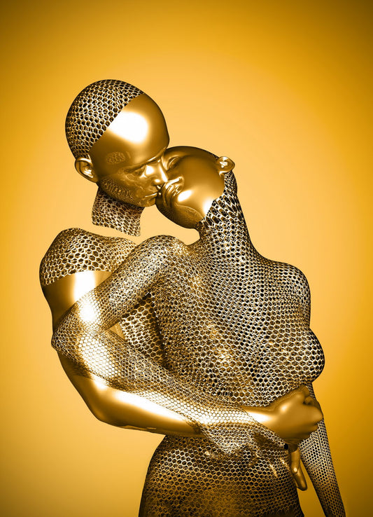 Golden and Silver Embrace Art Poster Modern Romantic Sculpture Wall Decor Luxury Artistic Design Unique Wall Print