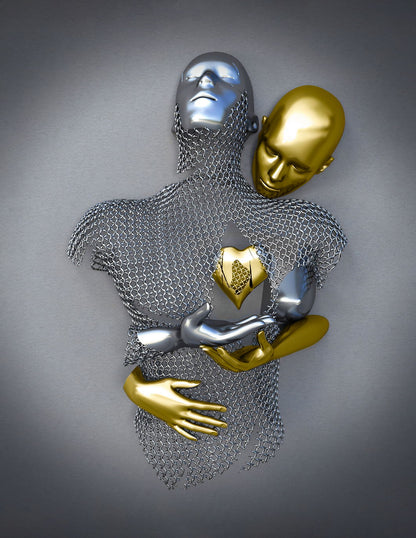 Golden and Silver Heart Embrace Art Poster Romantic Modern Sculpture Wall Decor Bold Artistic Unique Wall Print