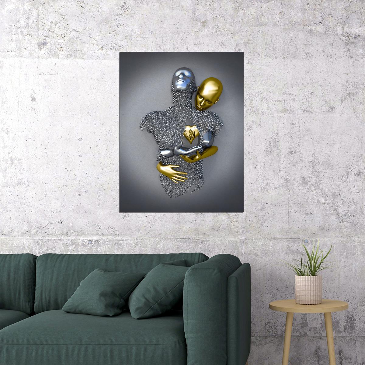 Golden and Silver Heart Embrace Art Poster Romantic Modern Sculpture Wall Decor Bold Artistic Unique Wall Print