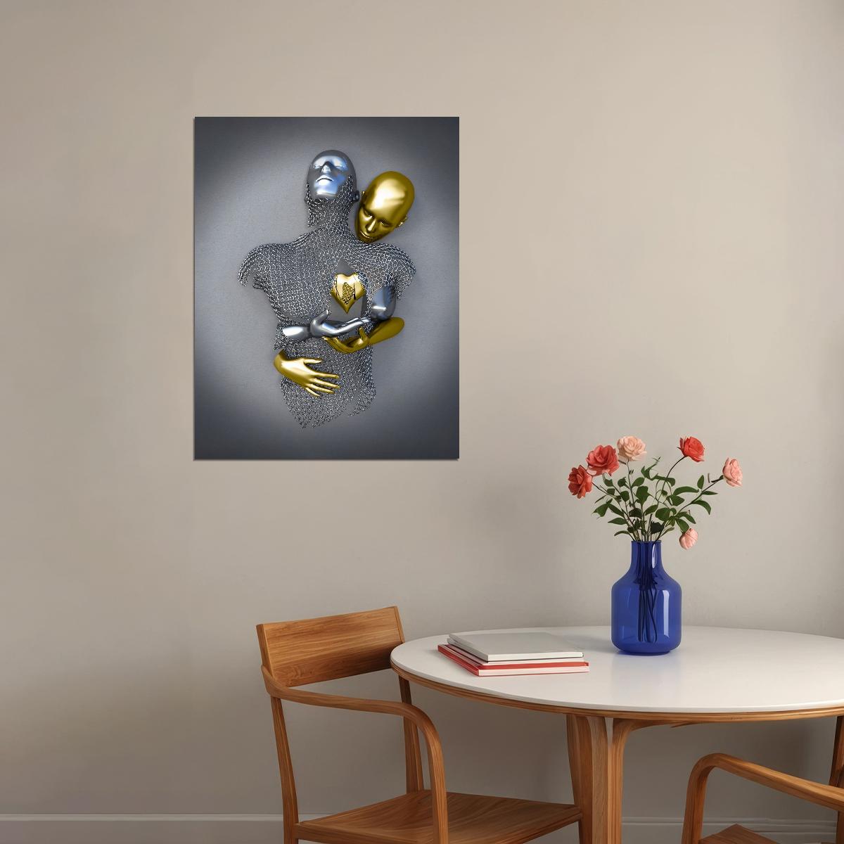 Golden and Silver Heart Embrace Art Poster Romantic Modern Sculpture Wall Decor Bold Artistic Unique Wall Print