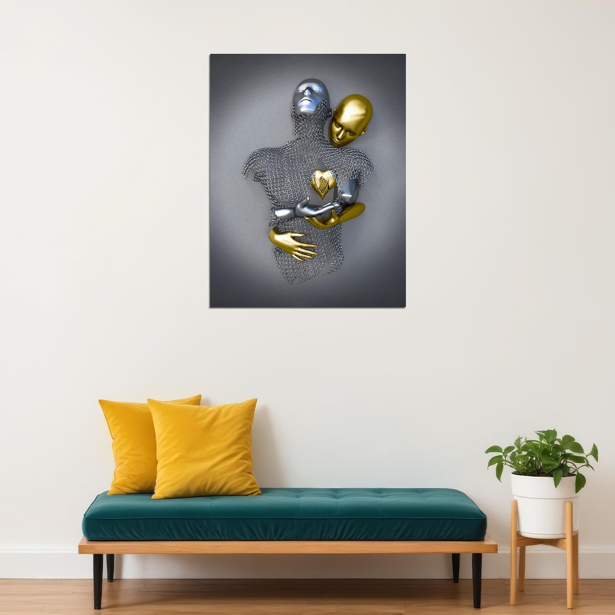 Golden and Silver Heart Embrace Art Poster Romantic Modern Sculpture Wall Decor Bold Artistic Unique Wall Print