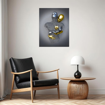 Golden and Silver Heart Embrace Art Poster Romantic Modern Sculpture Wall Decor Bold Artistic Unique Wall Print