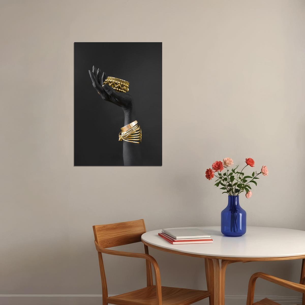 Golden Hand with Jewelry Art Poster Luxury Modern Wall Decor Bold Artistic Unique Sculpture Style Wall Print