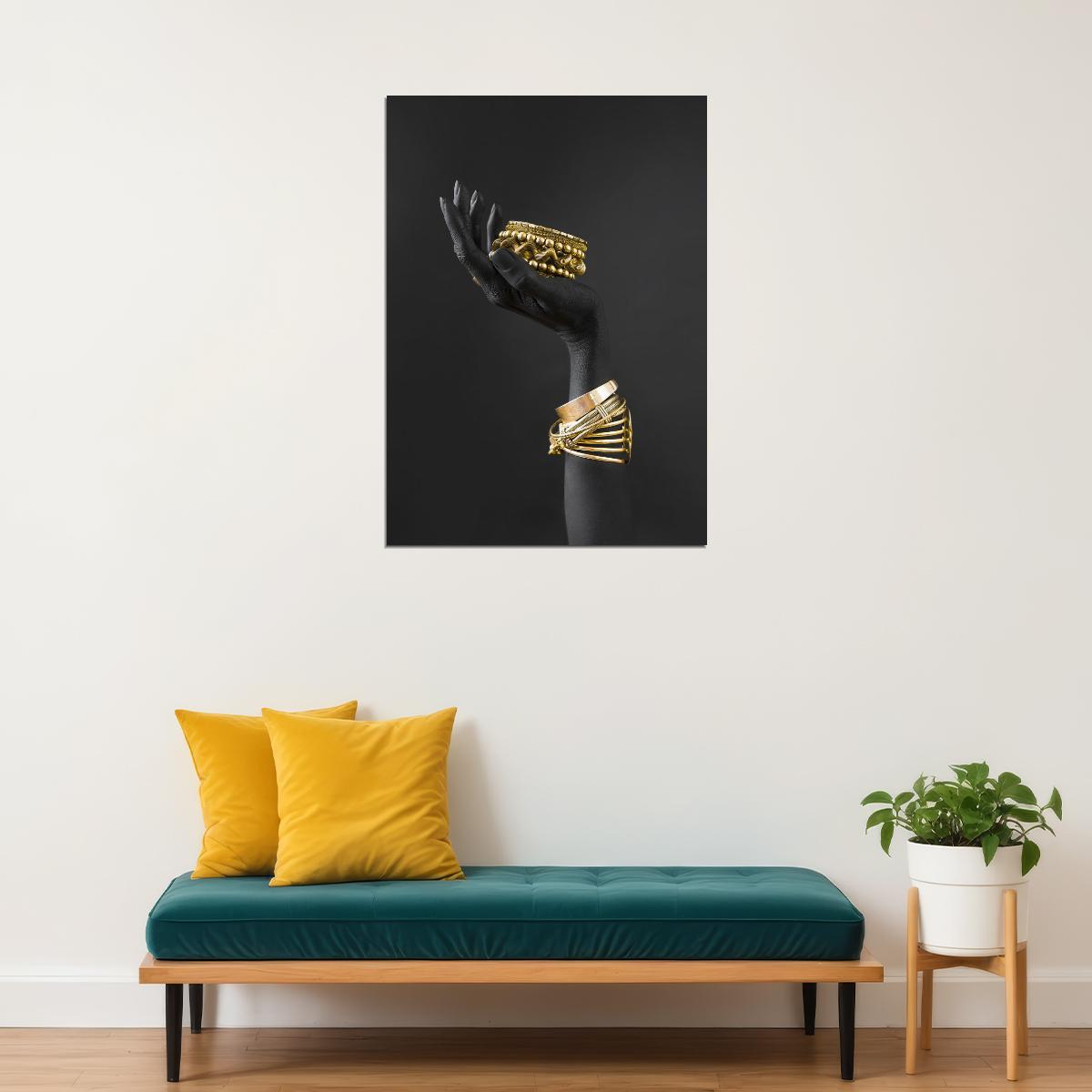 Golden Hand with Jewelry Art Poster Luxury Modern Wall Decor Bold Artistic Unique Sculpture Style Wall Print