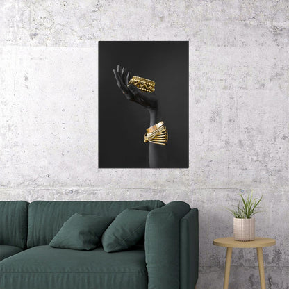 Golden Hand with Jewelry Art Poster Luxury Modern Wall Decor Bold Artistic Unique Sculpture Style Wall Print