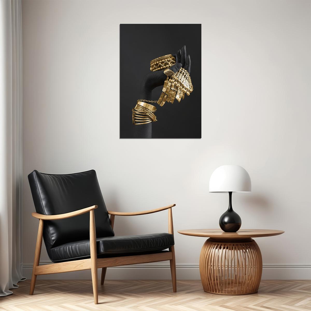 Black Hand with Gold Jewelry Art Poster Luxury Artistic Wall Decor Modern Bold Unique Sculpture Style Wall Print