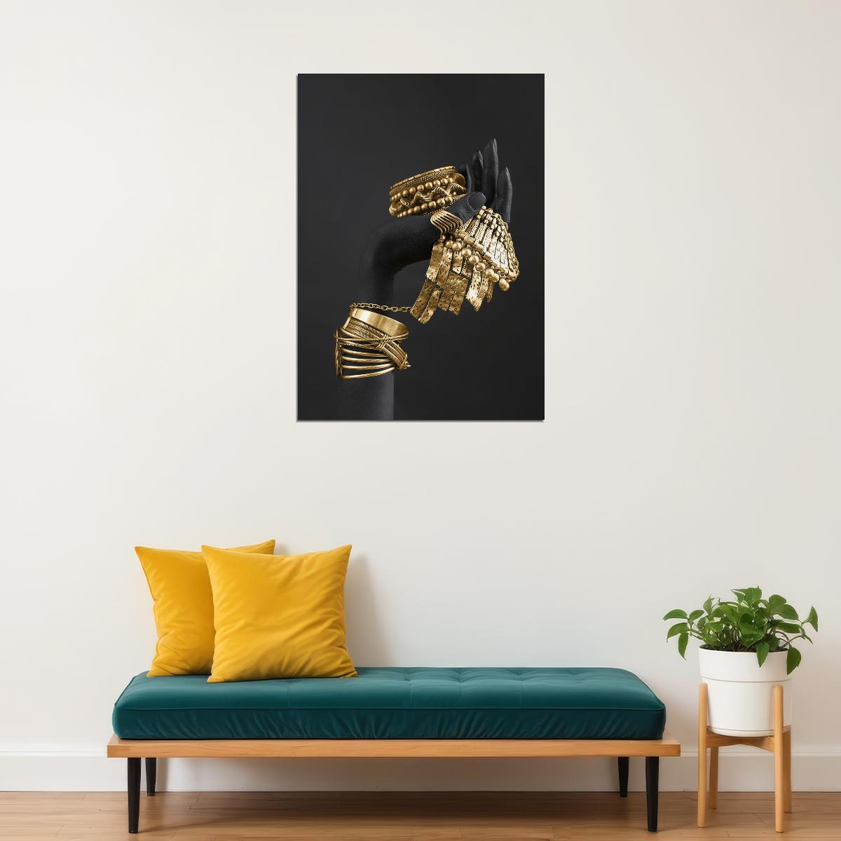 Black Hand with Gold Jewelry Art Poster Luxury Artistic Wall Decor Modern Bold Unique Sculpture Style Wall Print