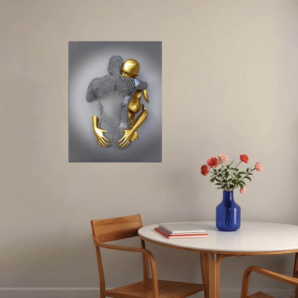 Abstract Gold and Silver Embrace Art Poster Romantic Wall Decor Modern Artistic Bold Sculpture Style Wall Print