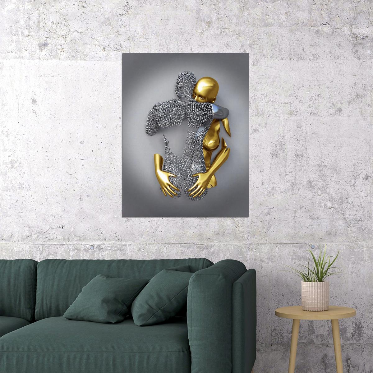 Abstract Gold and Silver Embrace Art Poster Romantic Wall Decor Modern Artistic Bold Sculpture Style Wall Print