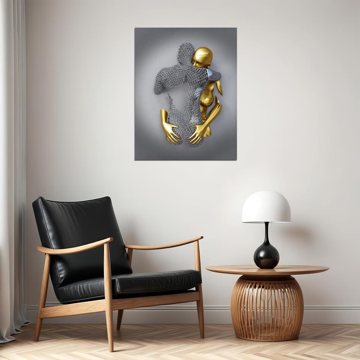 Abstract Gold and Silver Embrace Art Poster Romantic Wall Decor Modern Artistic Bold Sculpture Style Wall Print