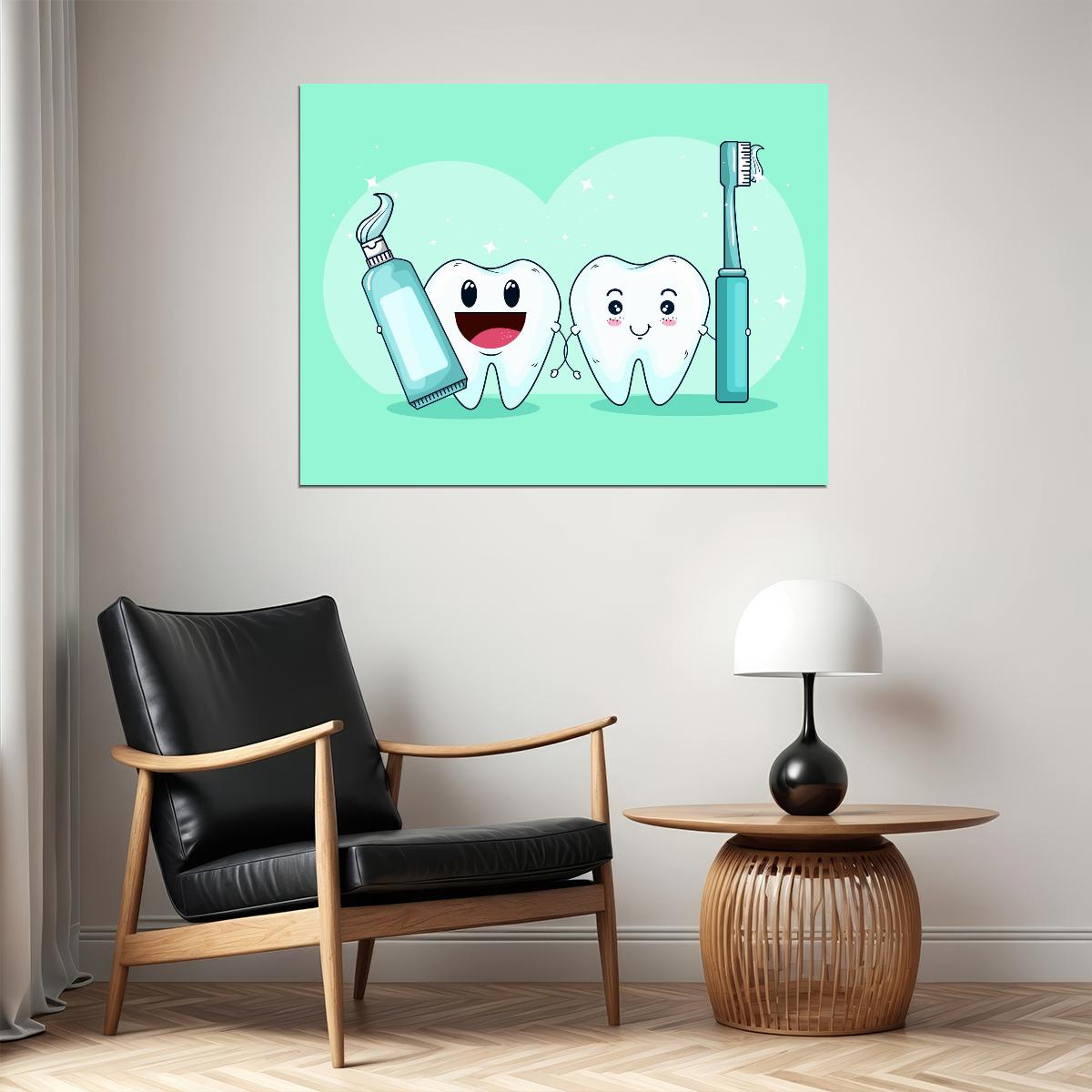 Happy Teeth Art Poster Cute Dental Cartoon Wall Decor Fun and Educational Design Perfect for Dental Clinics and Kids Wall Print