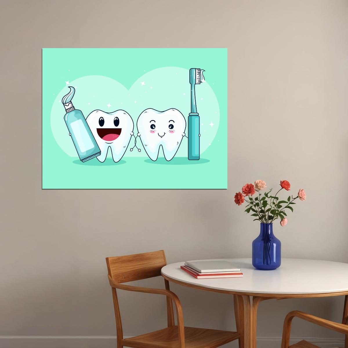 Happy Teeth Art Poster Cute Dental Cartoon Wall Decor Fun and Educational Design Perfect for Dental Clinics and Kids Wall Print