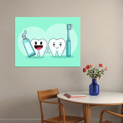 Happy Teeth Art Poster Cute Dental Cartoon Wall Decor Fun and Educational Design Perfect for Dental Clinics and Kids Wall Print