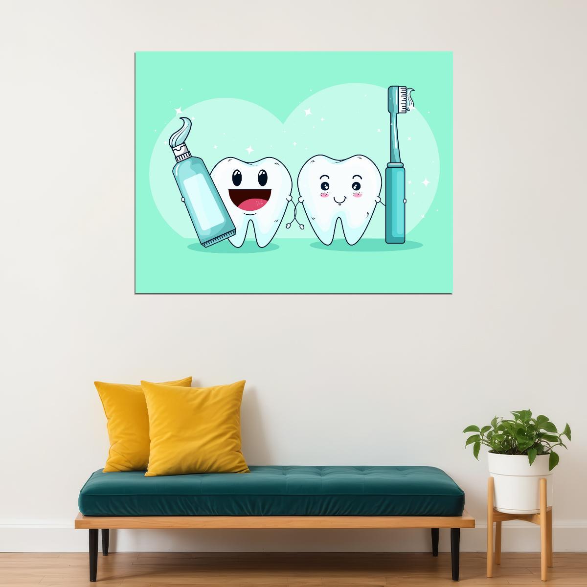 Happy Teeth Art Poster Cute Dental Cartoon Wall Decor Fun and Educational Design Perfect for Dental Clinics and Kids Wall Print