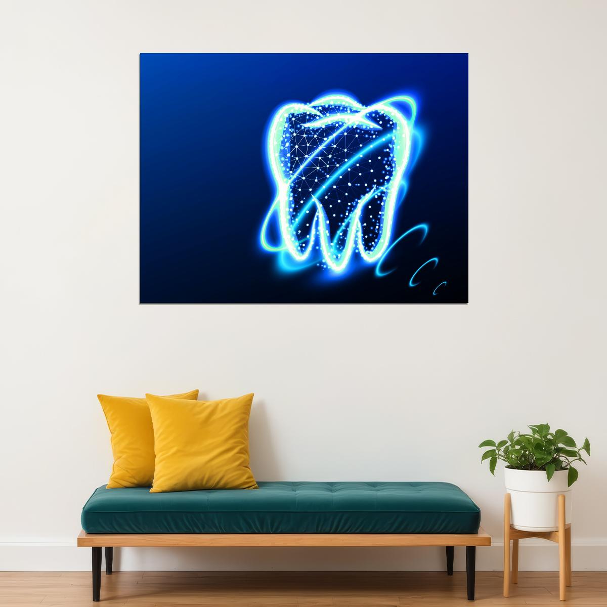 Neon Tooth Art Poster Bright and Modern Dental Wall Decor Futuristic Artistic Design Unique Medical Wall Print - xonomax