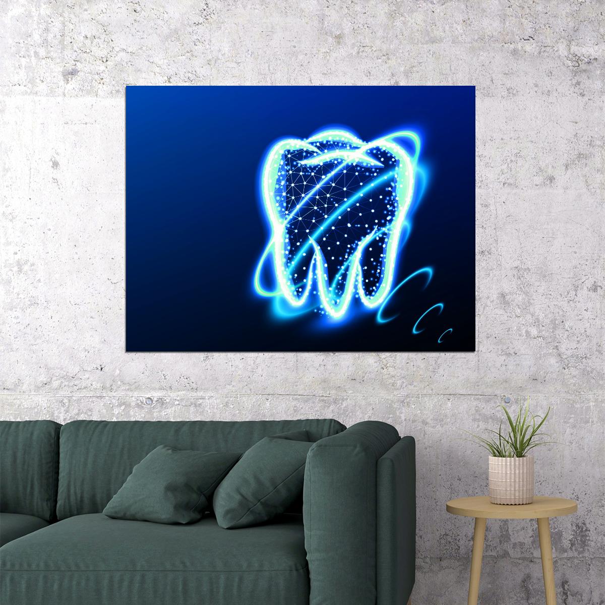 Neon Tooth Art Poster Bright and Modern Dental Wall Decor Futuristic Artistic Design Unique Medical Wall Print - xonomax