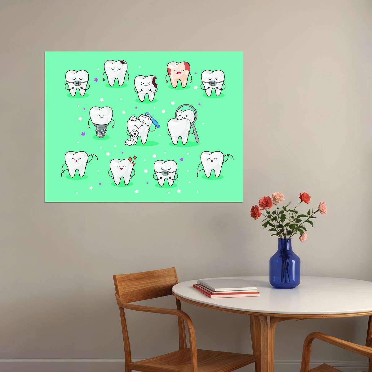 Cute Tooth Characters Art Poster Fun and Educational Wall Decor Cartoon Dental Design Perfect for Kids and Clinics Wall Print