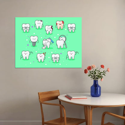 Cute Tooth Characters Art Poster Fun and Educational Wall Decor Cartoon Dental Design Perfect for Kids and Clinics Wall Print