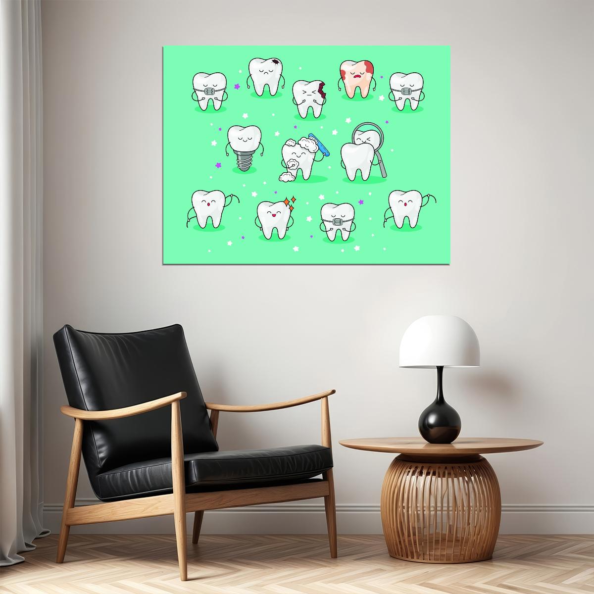 Cute Tooth Characters Art Poster Fun and Educational Wall Decor Cartoon Dental Design Perfect for Kids and Clinics Wall Print