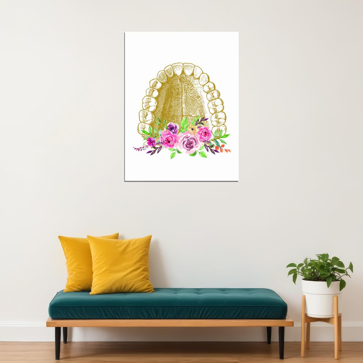 Gold Teeth and Roses Art Poster Elegant and Unique Wall Decor Artistic Design Perfect for Clinics or Home Wall Print