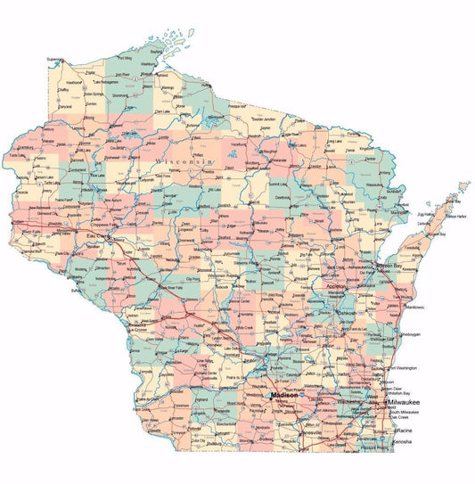 Wisconsin State Road MAP City County Madison WI Decor Wall Print POSTER