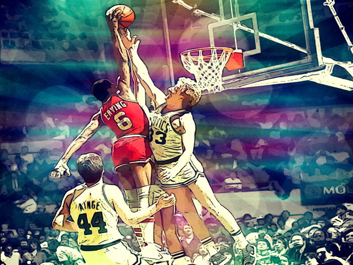 Julius Erving Dunk on Larry Bird Sixers vs Celtics Dr. J 76ers Basketball Vintage Pop Art Poster