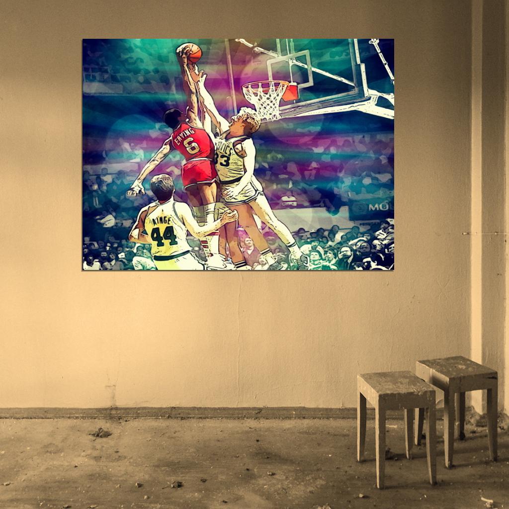 Julius Erving Dunk on Larry Bird Sixers vs Celtics Dr. J 76ers Basketball Vintage Pop Art Poster